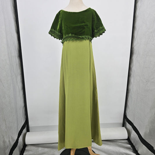 Vintage 1960s Green Velvet Venice Lace Leaf Trim Empire Gown (Petite XXS)