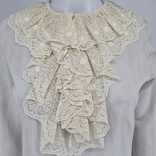 Vintage 1970s Ivory/Cream Lace Ruffle Jabot Ribbed Knit Victorian Blouse (M)