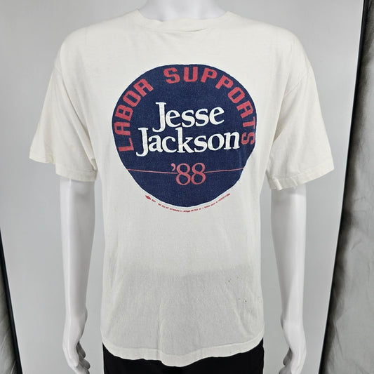 Vintage 1980s Labor Supports Jesse Jackson '88 Political Campaign T-Shirt (XL)