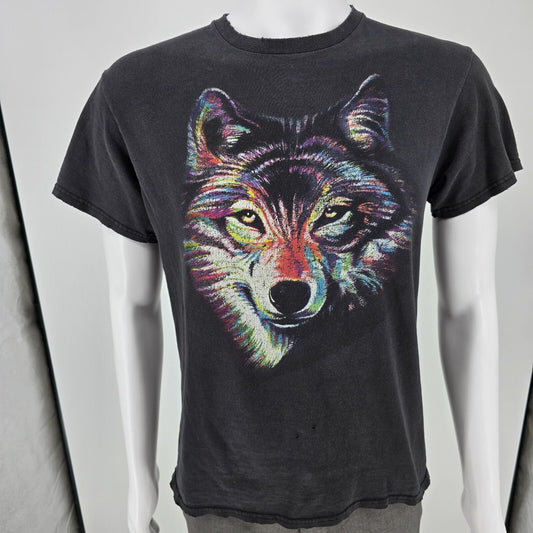 Thrashed Black Y2K Delta Apparel Multicolor Wolf Graphic T-Shirt (Medium)