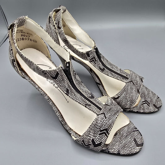Vintage 1980s Chandlers Black/White Zig-Zag Print T-Strap Stiletto Heels (7.5B)