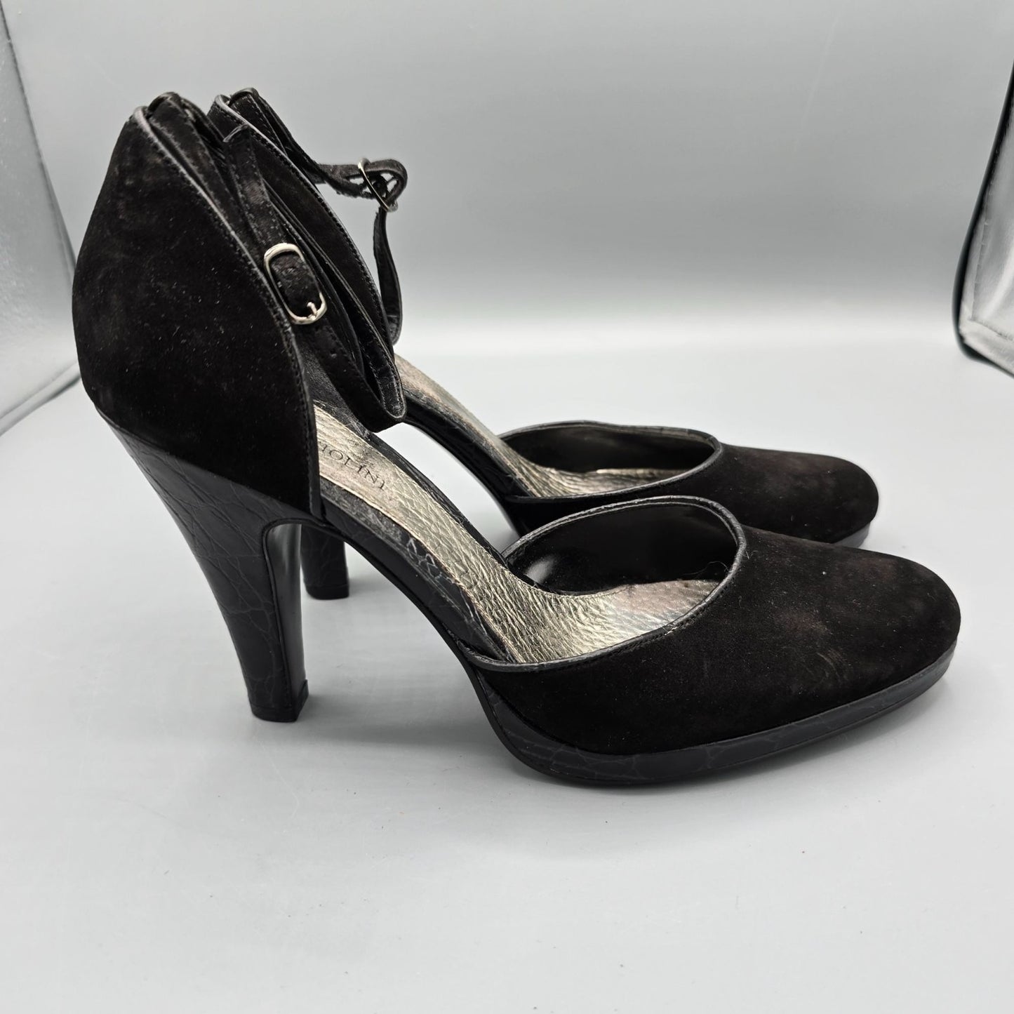 2010s Enzo Angiolini Eacallie Black Suede Ankle Strap D'Orsay Heels (7M)