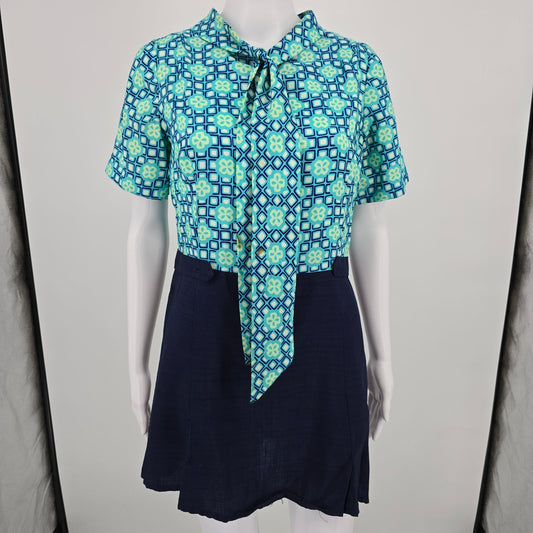 Vintage 1960s Aqua Geometric Print Lavalier Mod Scooter Mini Dress (M/L) #Flaws