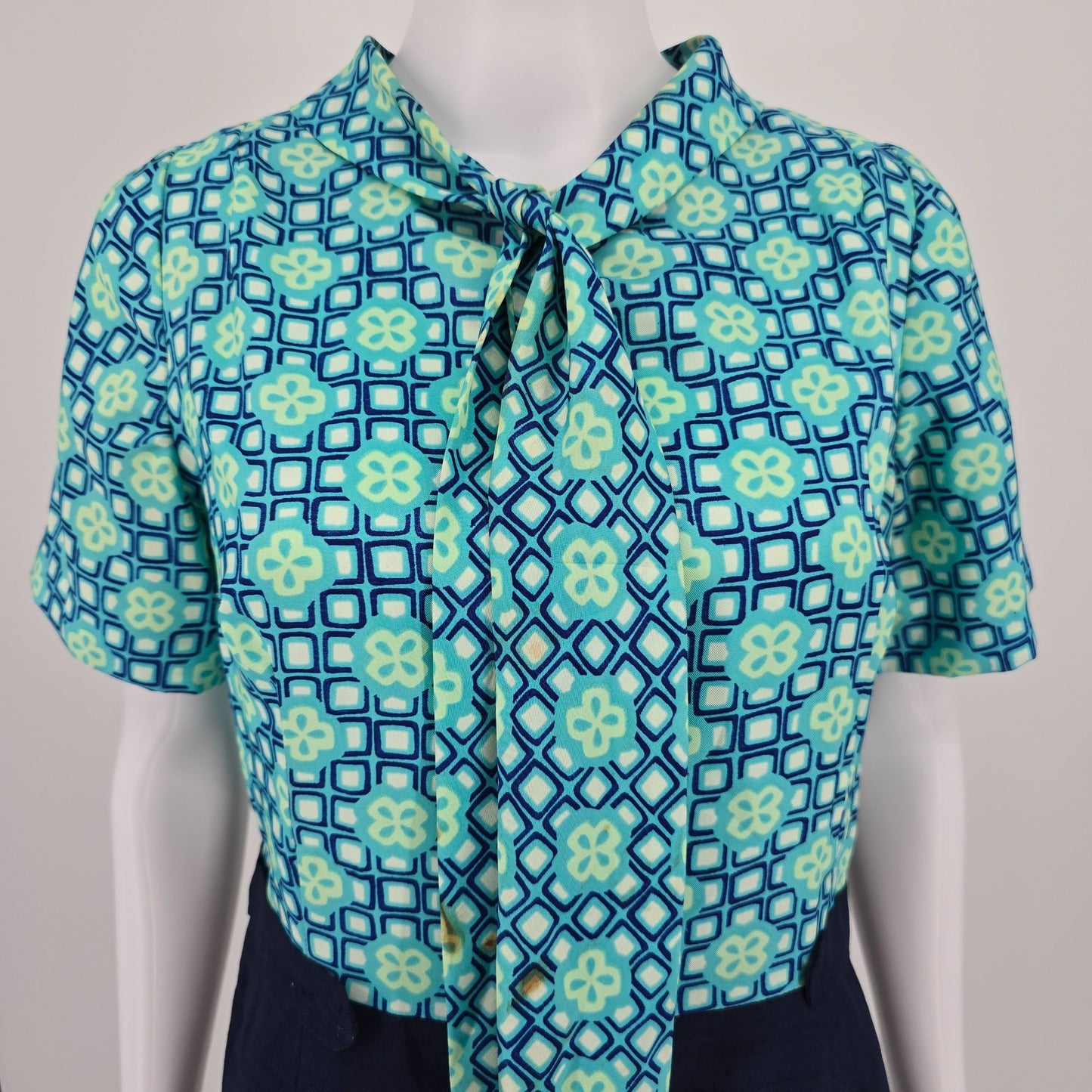 Vintage 1960s Aqua Geometric Print Lavalier Mod Scooter Mini Dress (M/L) #Flaws