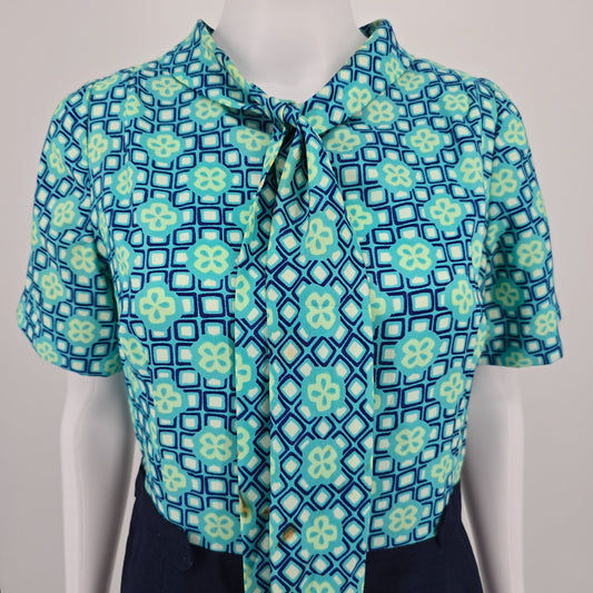 Vintage 1960s Aqua Geometric Print Lavalier Mod Scooter Mini Dress (M/L) #Flaws