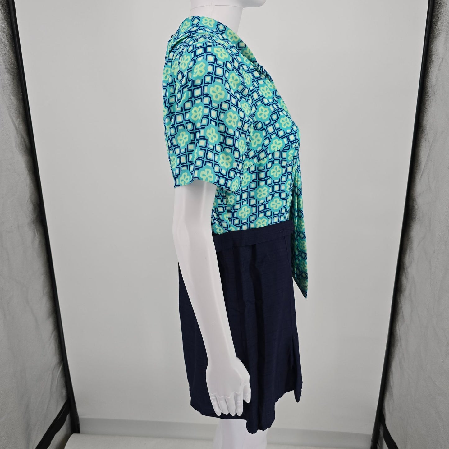 Vintage 1960s Aqua Geometric Print Lavalier Mod Scooter Mini Dress (M/L) #Flaws