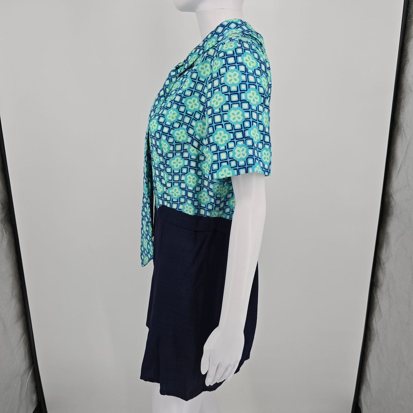 Vintage 1960s Aqua Geometric Print Lavalier Mod Scooter Mini Dress (M/L) #Flaws