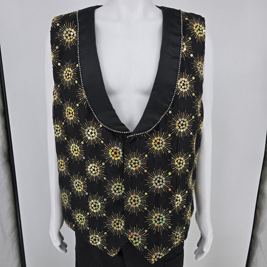 Vintage 1990s Rivars Stagewear Black Sunburst Sequin Rhinestone Trim Vest (XL)