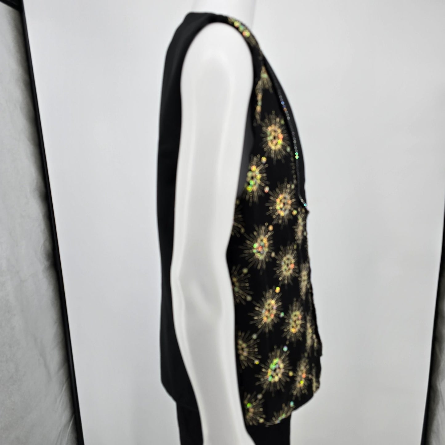 Vintage 1990s Rivars Stagewear Black Sunburst Sequin Rhinestone Trim Vest (XL)