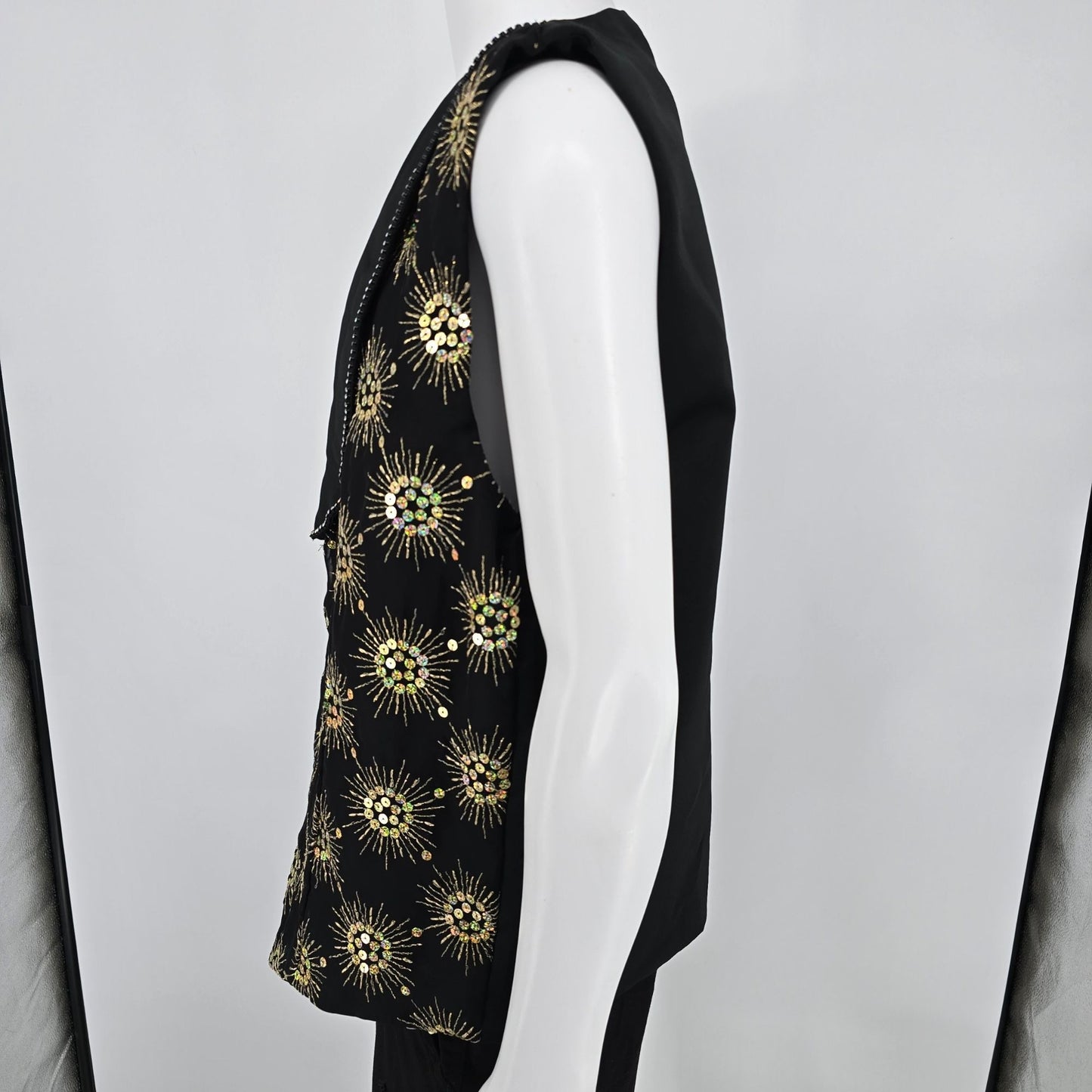 Vintage 1990s Rivars Stagewear Black Sunburst Sequin Rhinestone Trim Vest (XL)