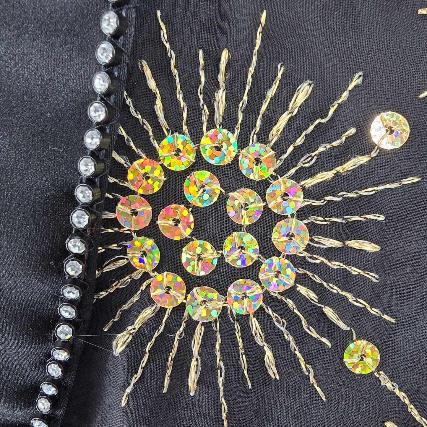 Vintage 1990s Rivars Stagewear Black Sunburst Sequin Rhinestone Trim Vest (XL)