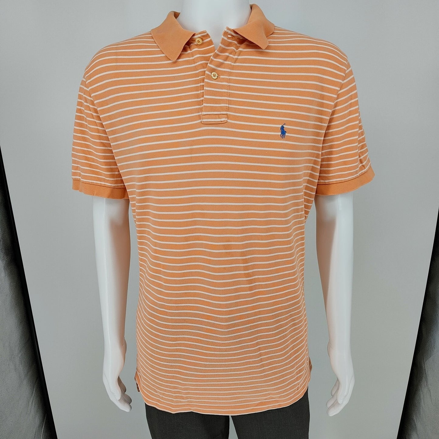 Polo by Ralph Lauren Orange Peach Striped Polo Blue Pony Logo (XL)