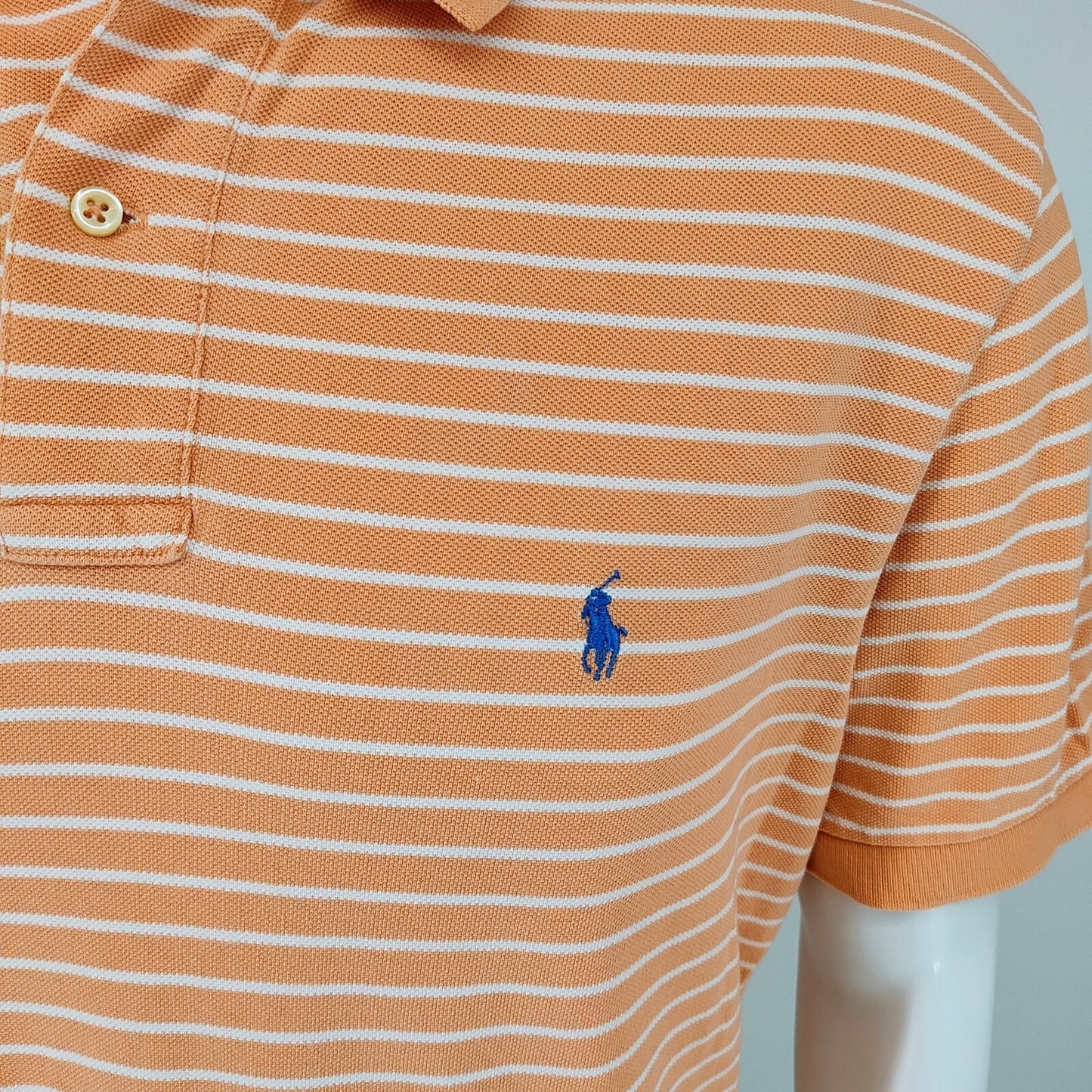 Polo by Ralph Lauren Orange Peach Striped Polo Blue Pony Logo (XL)