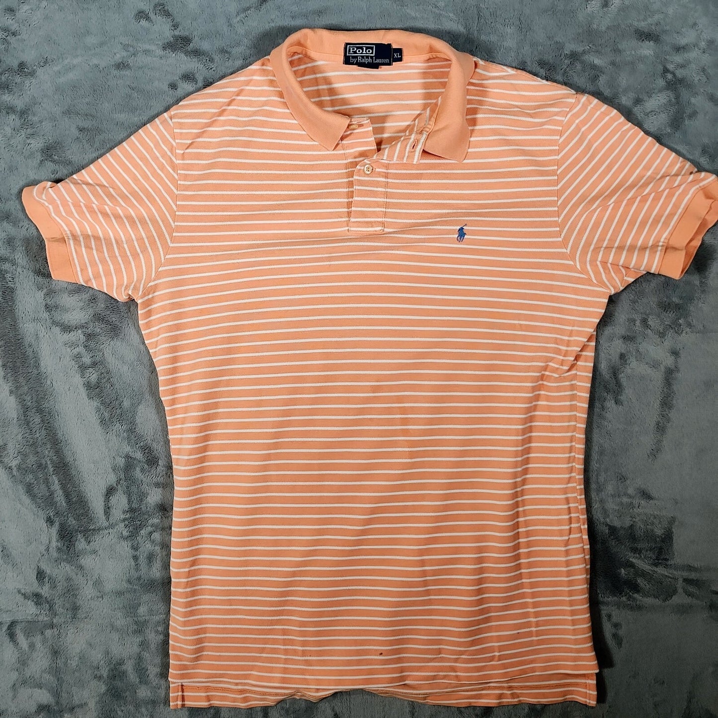 Polo by Ralph Lauren Orange Peach Striped Polo Blue Pony Logo (XL)
