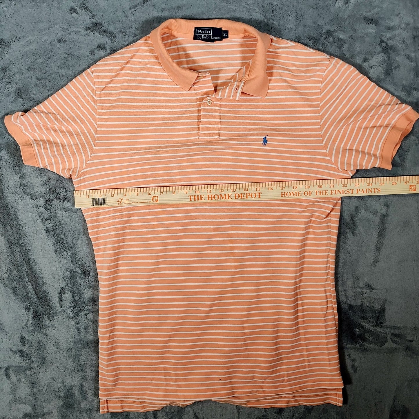 Polo by Ralph Lauren Orange Peach Striped Polo Blue Pony Logo (XL)