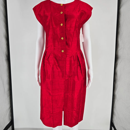 Vintage 1980s Red Shantung 50s-Style Cap Sleeve Cocktail/Sheath Wiggle Dress (M)