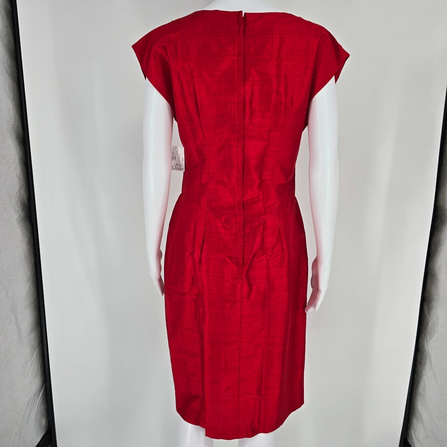 Vintage 1980s Red Shantung 50s-Style Cap Sleeve Cocktail/Sheath Wiggle Dress (M)