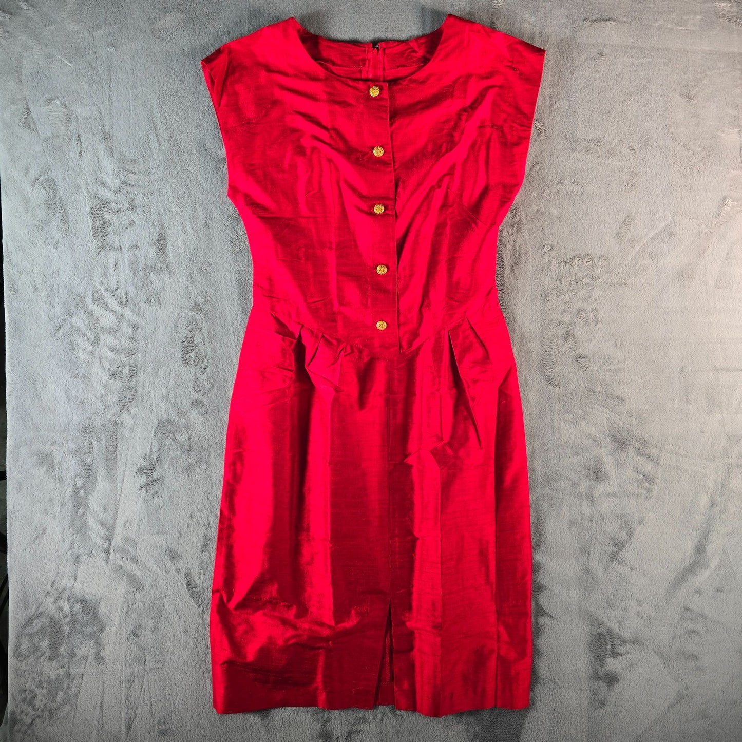 Vintage 1980s Red Shantung 50s-Style Cap Sleeve Cocktail/Sheath Wiggle Dress (M)