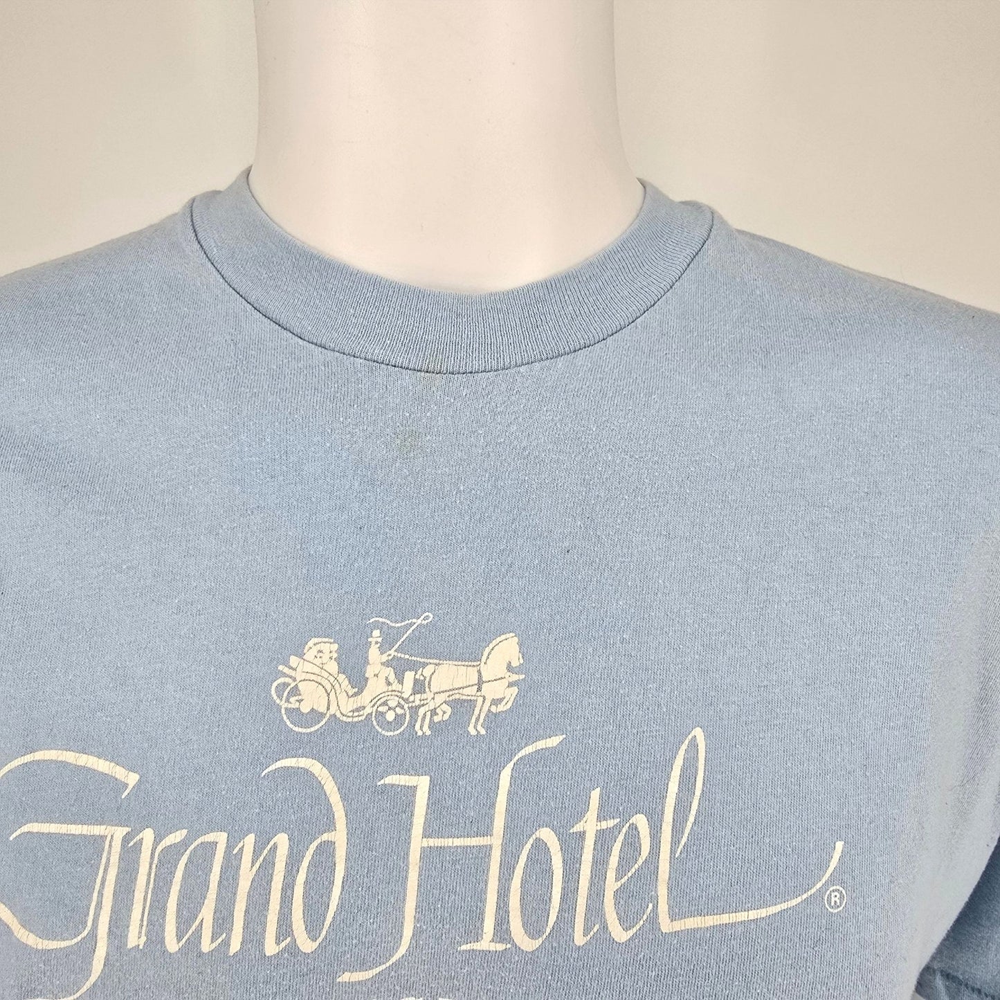 Vintage 1990s Hanes Beefy-T Light Blue Grand Hotel Mackinac Island Shirt (L)