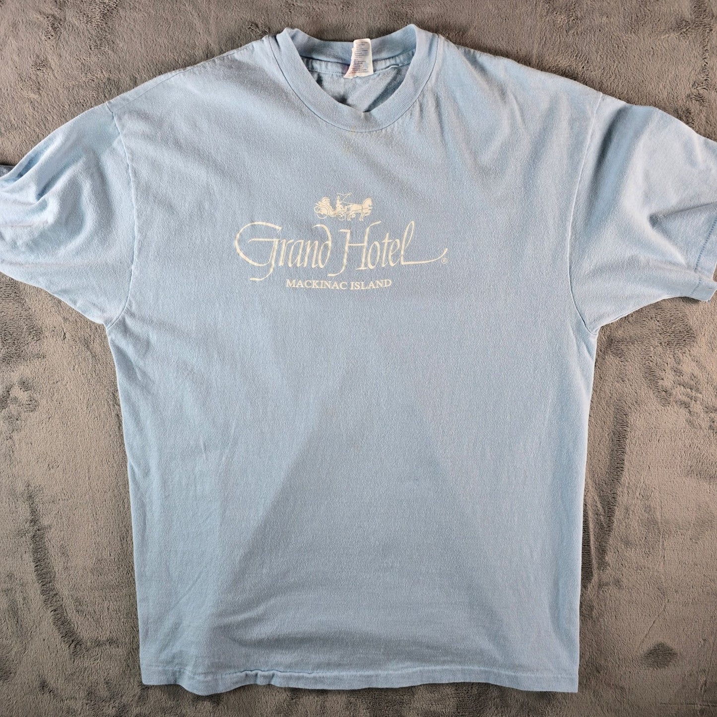 Vintage 1990s Hanes Beefy-T Light Blue Grand Hotel Mackinac Island Shirt (L)
