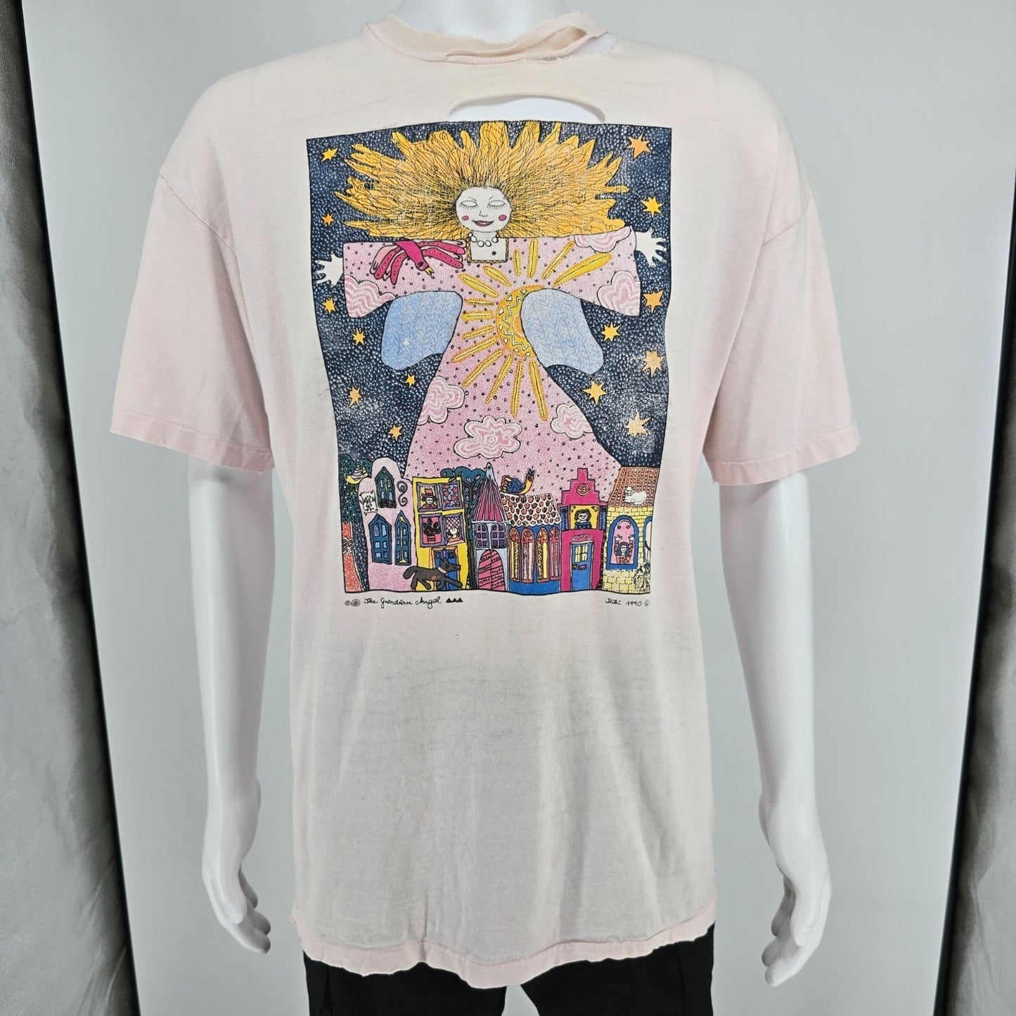 Distressed Vintage 1990s Hanes Beefy-T Kiki Suarez Guardian Angel T-Shirt (XL)