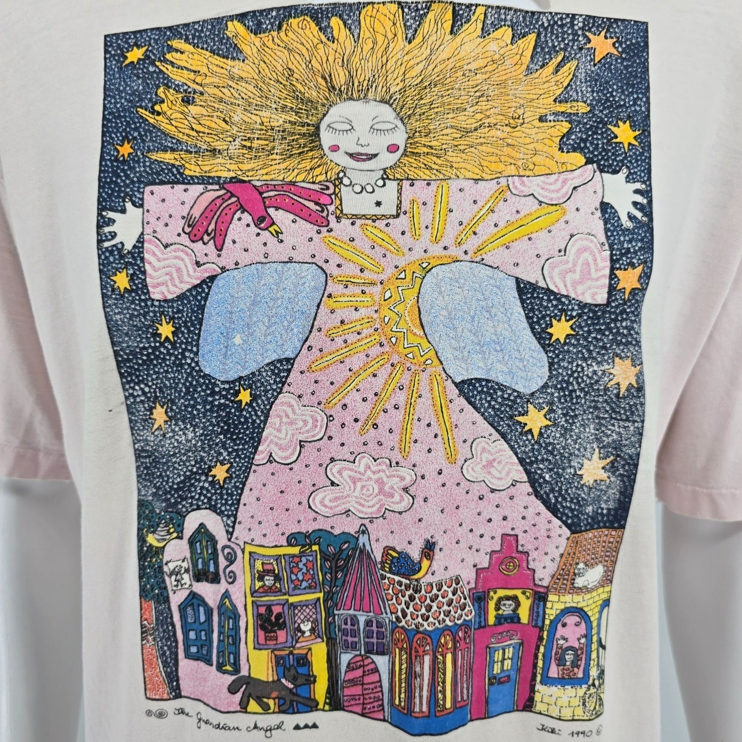 Distressed Vintage 1990s Hanes Beefy-T Kiki Suarez Guardian Angel T-Shirt (XL)