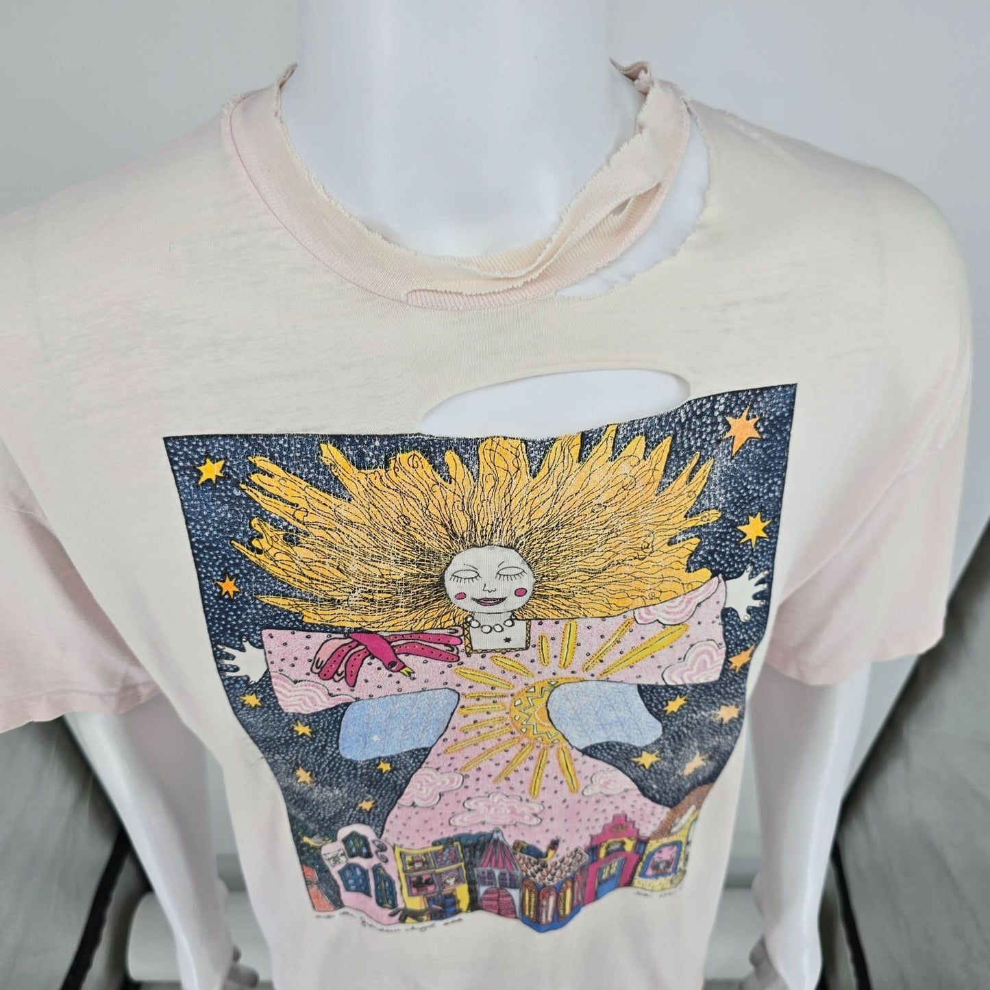 Distressed Vintage 1990s Hanes Beefy-T Kiki Suarez Guardian Angel T-Shirt (XL)