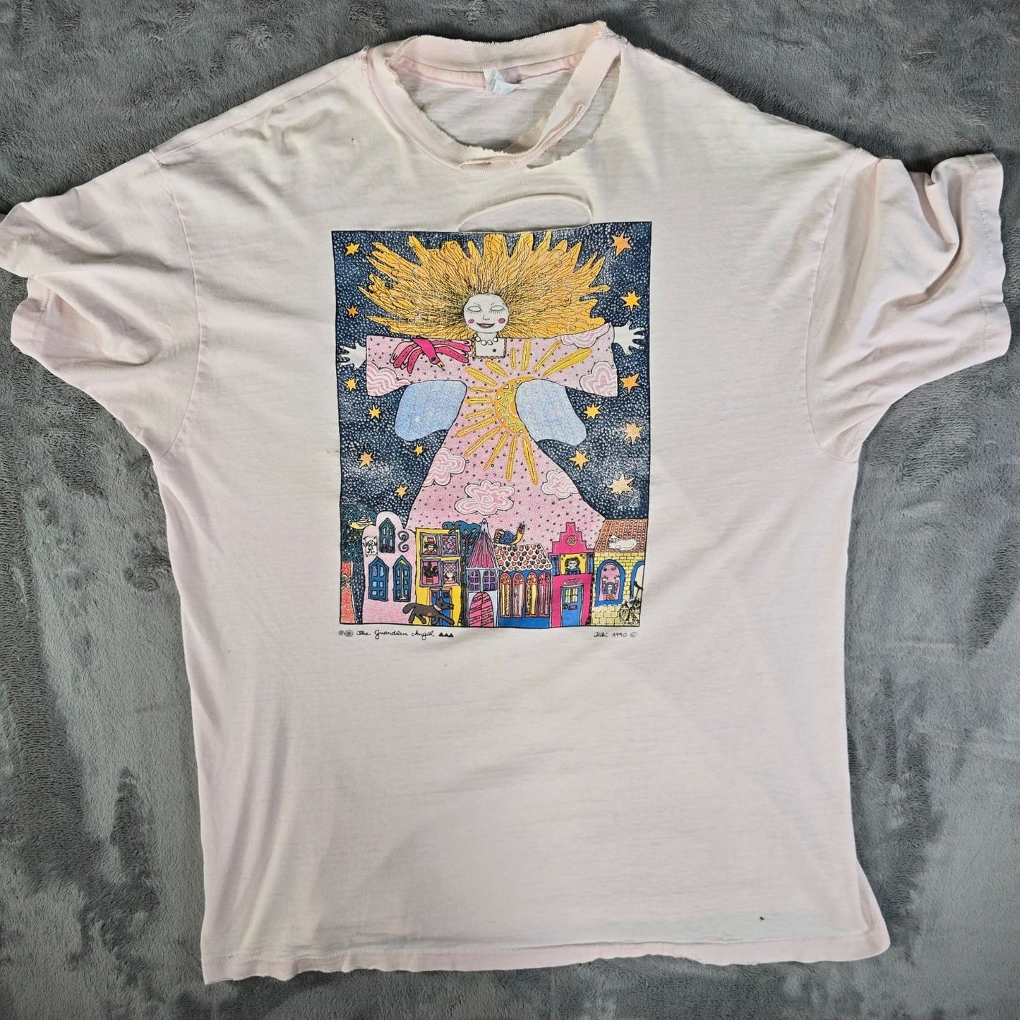 Distressed Vintage 1990s Hanes Beefy-T Kiki Suarez Guardian Angel T-Shirt (XL)