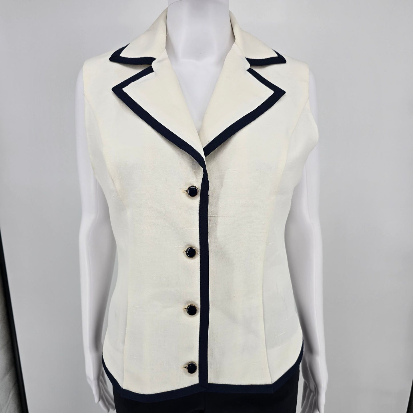 Vintage 1980s Women's Nautical Style Ivory/Navy Tailored Button-Up Vest (M)