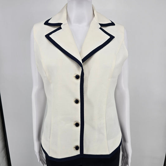 Vintage 1980s Women's Nautical Style Ivory/Navy Tailored Button-Up Vest (M)