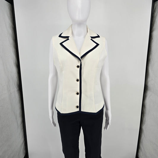 Vintage 1980s Women's Nautical Style Ivory/Navy Tailored Button-Up Vest (M)