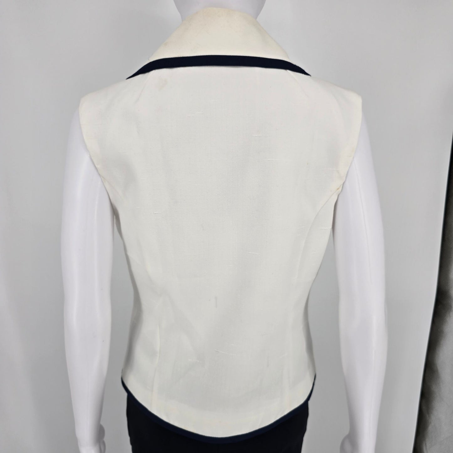 Vintage 1980s Women's Nautical Style Ivory/Navy Tailored Button-Up Vest (M)