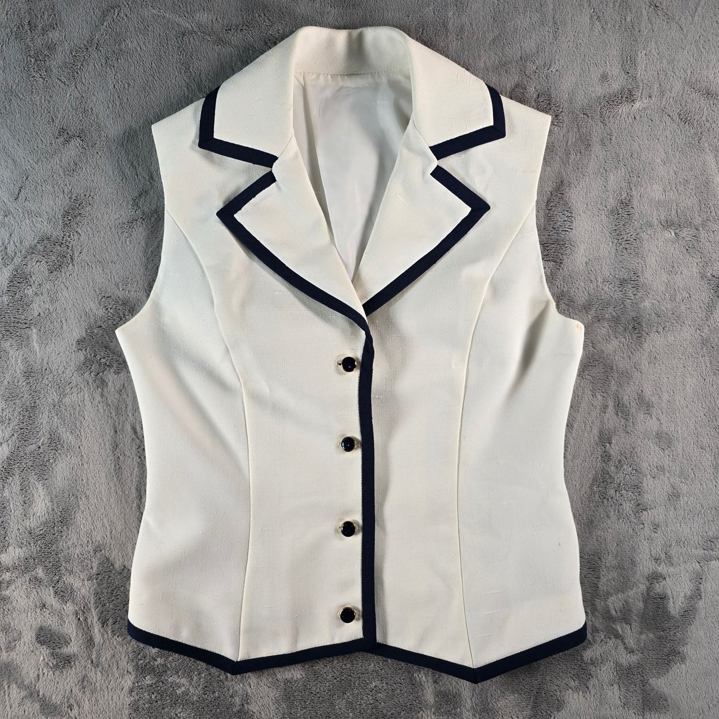 Vintage 1980s Women's Nautical Style Ivory/Navy Tailored Button-Up Vest (M)