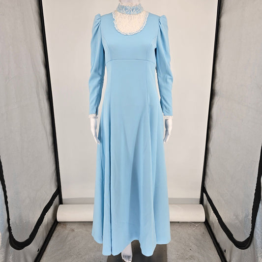 Vintage 1970s Baby Blue Lace Collar Victorian Revival Maxi Gown Dress (Size 4/S)