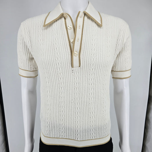 Vintage 1970s Sears King's Road Open Weave Textured Knit Polo Shirt (M)