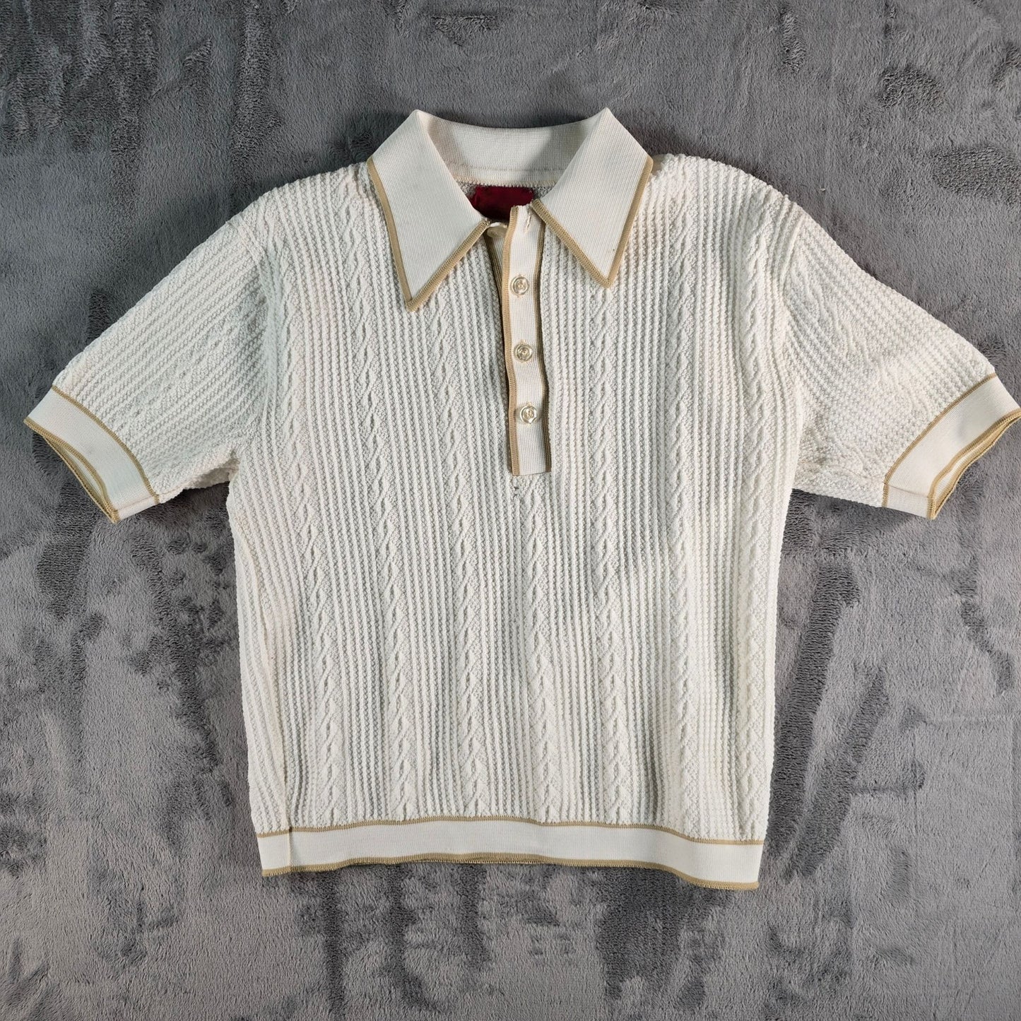 Vintage 1970s Sears King's Road Open Weave Textured Knit Polo Shirt (M)