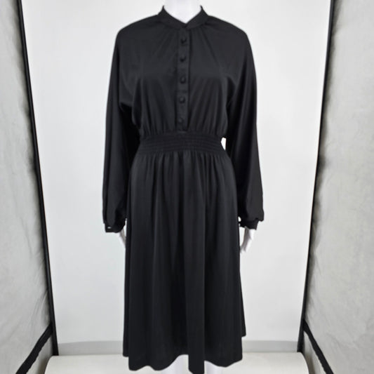 Vintage 1980s Made in USA Smocked Waist Batwing Sleeve Midi Dress (Size 12/L)