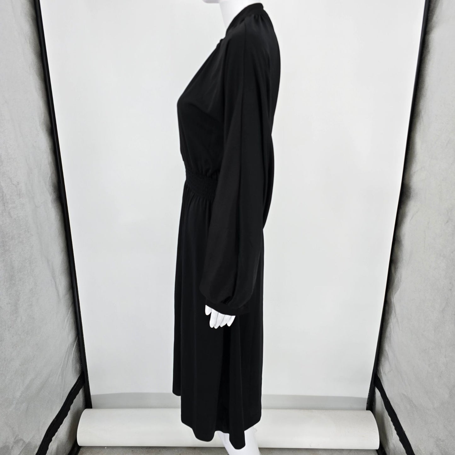 Vintage 1980s Made in USA Smocked Waist Batwing Sleeve Midi Dress (Size 12/L)