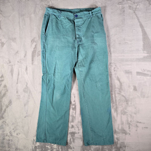 Vintage Y2K Distressed Teal Cotton Workwear Pants w/ Purple Stitching (33x30)