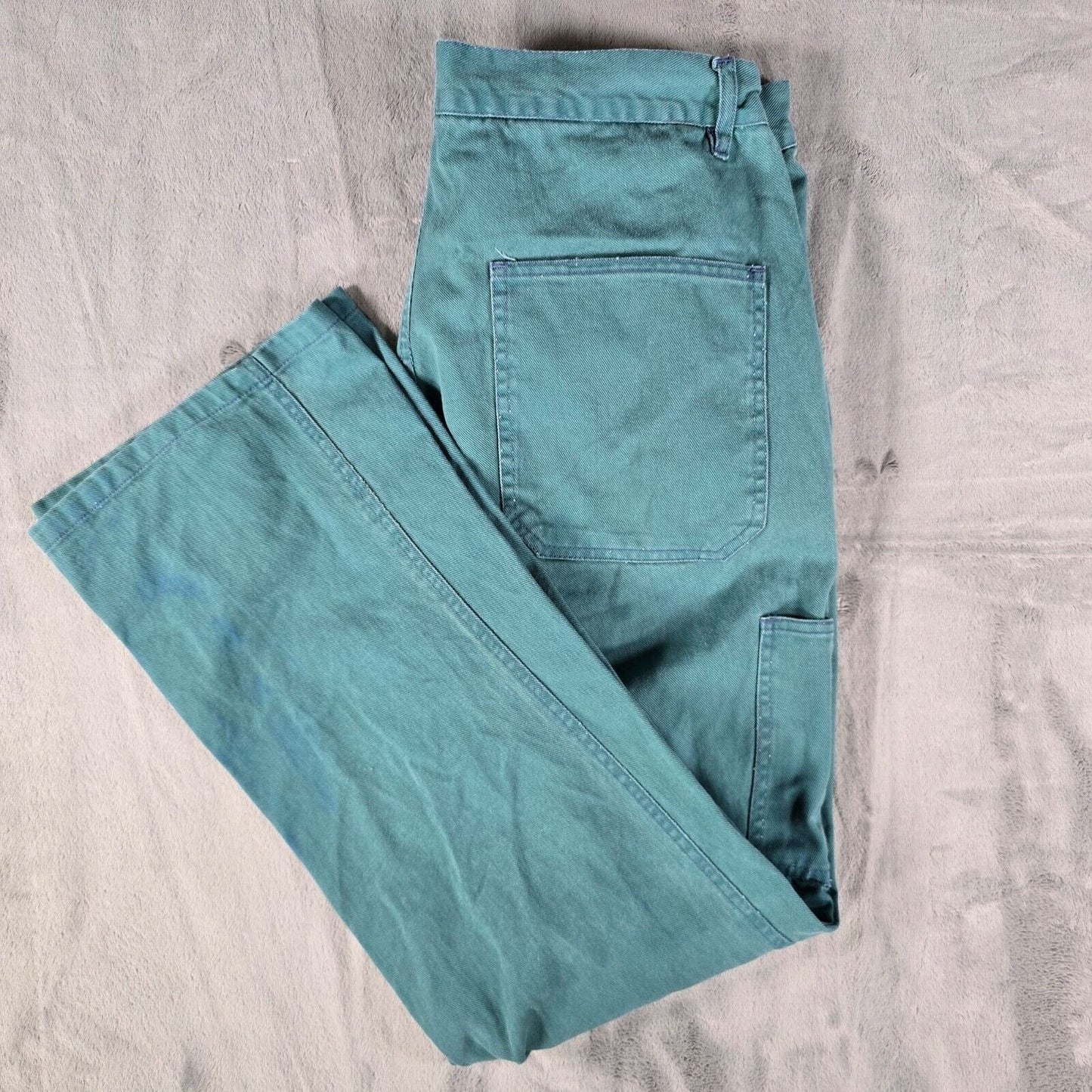 Vintage Y2K Distressed Teal Cotton Workwear Pants w/ Purple Stitching (33x30)