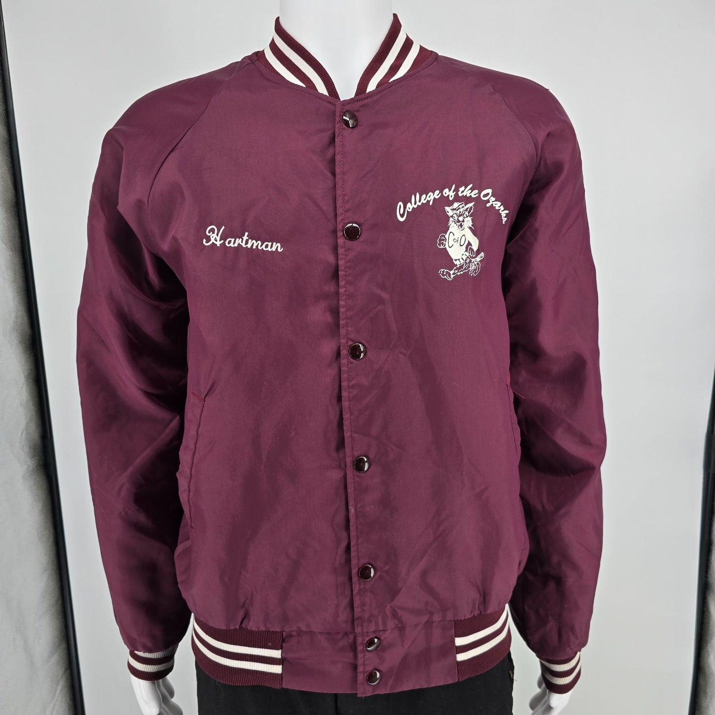 Vintage 1980s Hartwell College of the Ozarks Bobcats Satin Bomber Jacket (L)