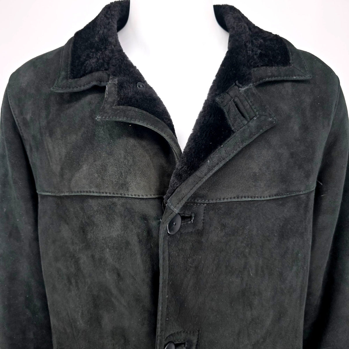 Vintage 1990s Blue Duck Made in USA Black Sheepskin Suede Shearling Car Coat (M)