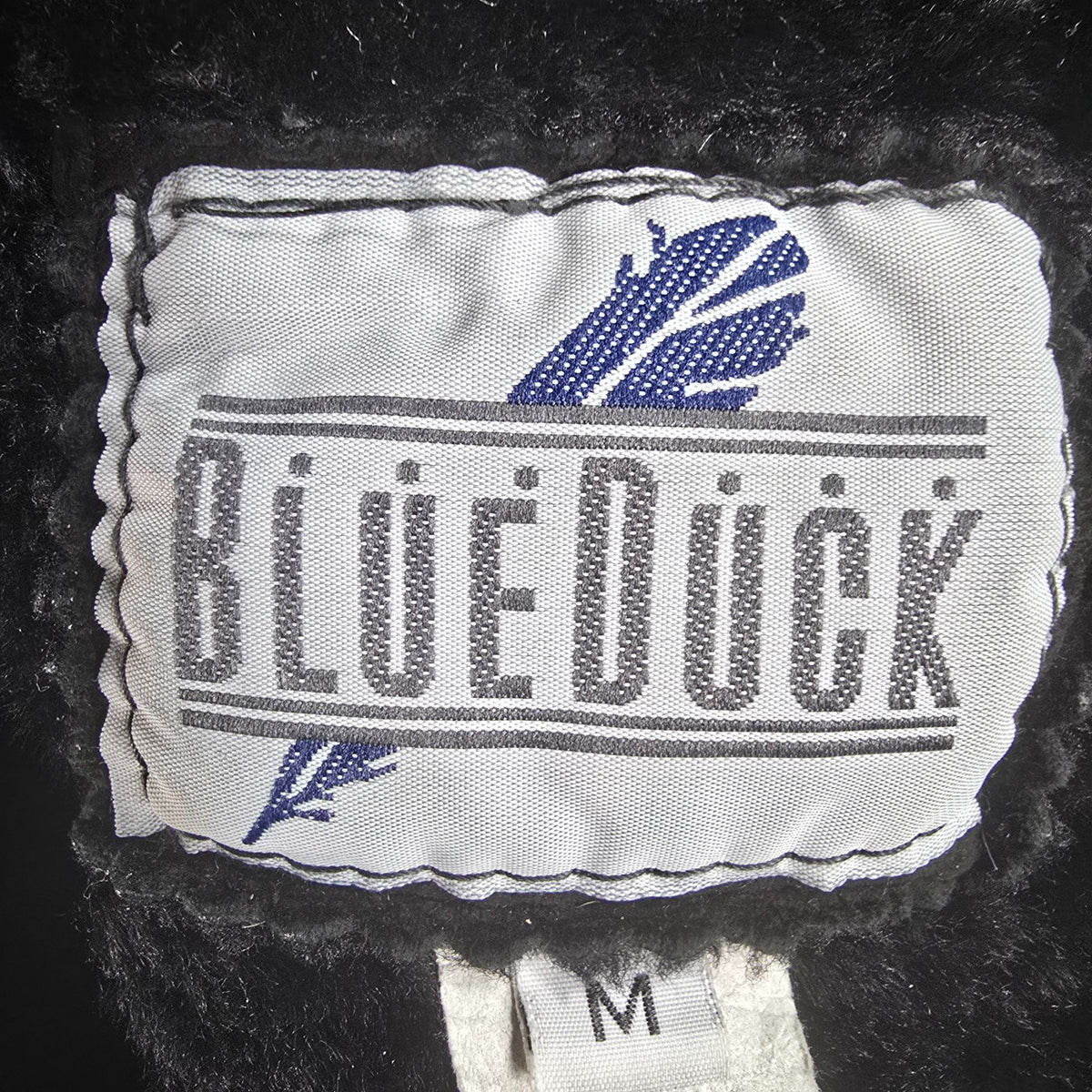 Vintage 1990s Blue Duck Made in USA Black Sheepskin Suede Shearling Car Coat (M)