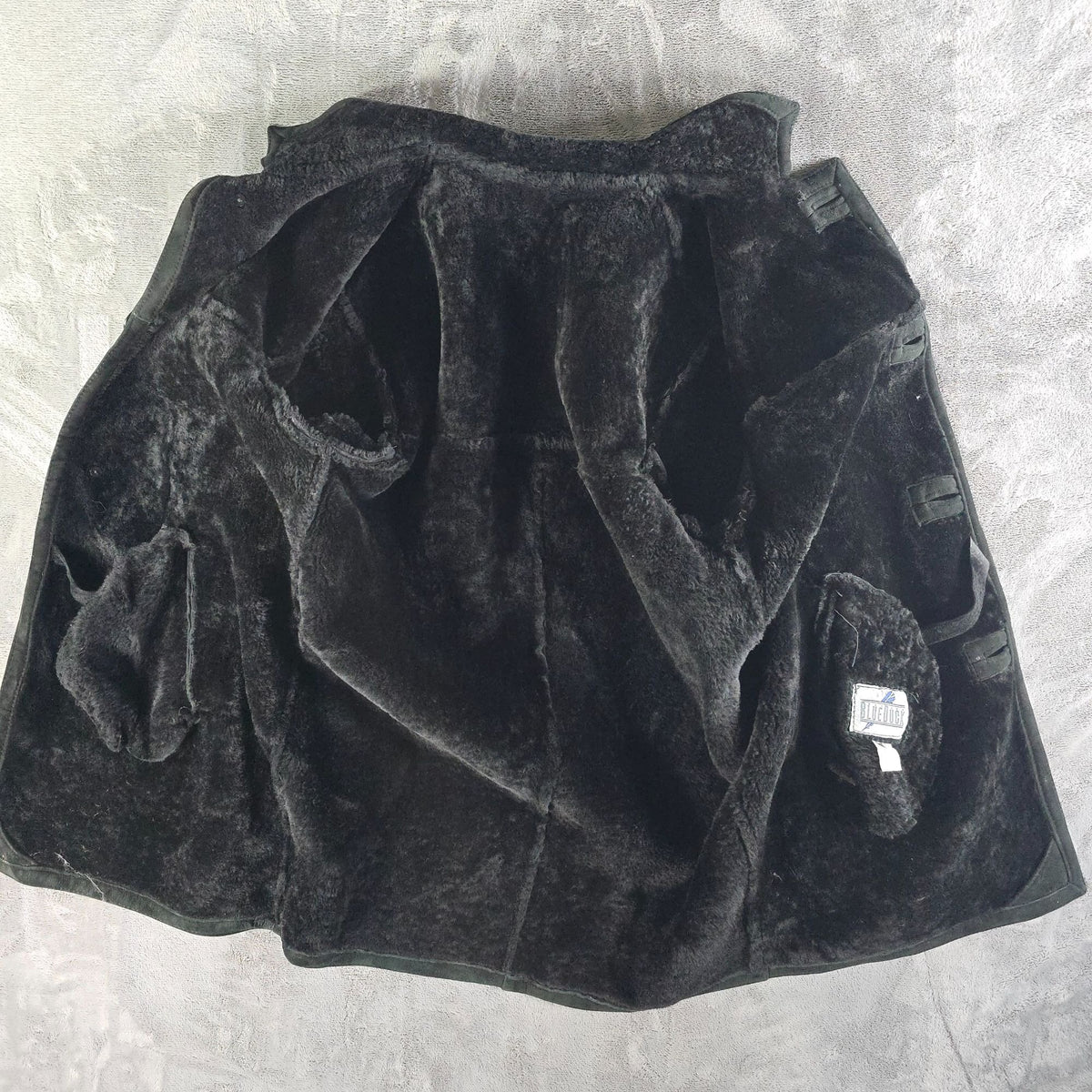 Vintage 1990s Blue Duck Made in USA Black Sheepskin Suede Shearling Car Coat (M)