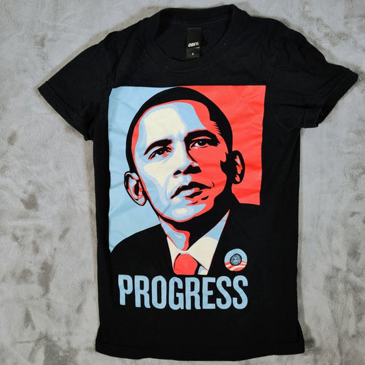 Obey Womens Barack Obama Made in USA "Progress" Black Graphic T-Shirt (Small)