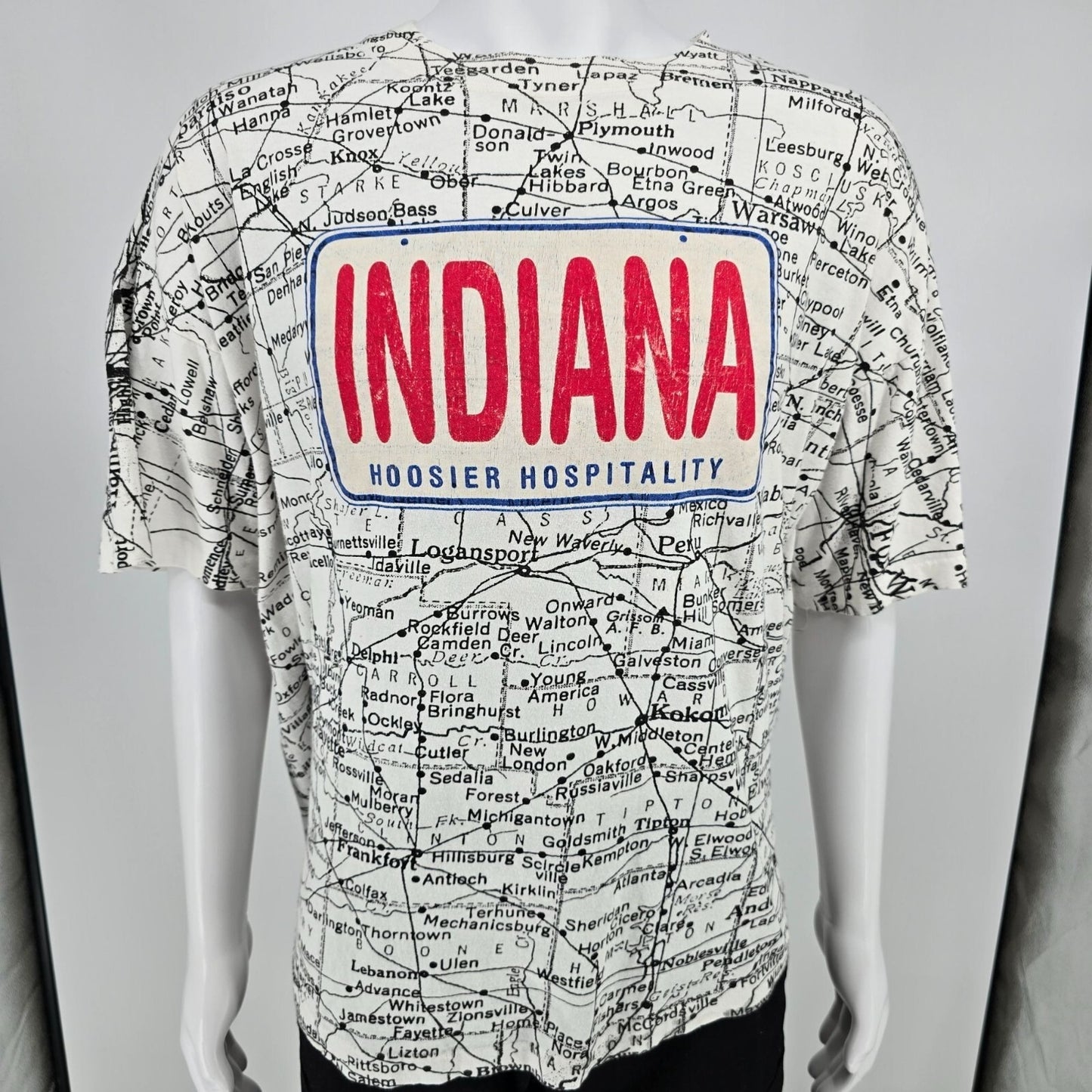 Vintage 1990s Indiana Hoosier Hospitality All Over Print Map T-Shirt (OSFA/3XL)