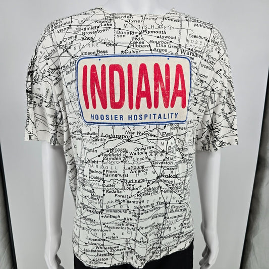 Vintage 1990s Indiana Hoosier Hospitality All Over Print Map T-Shirt (OSFA/3XL)