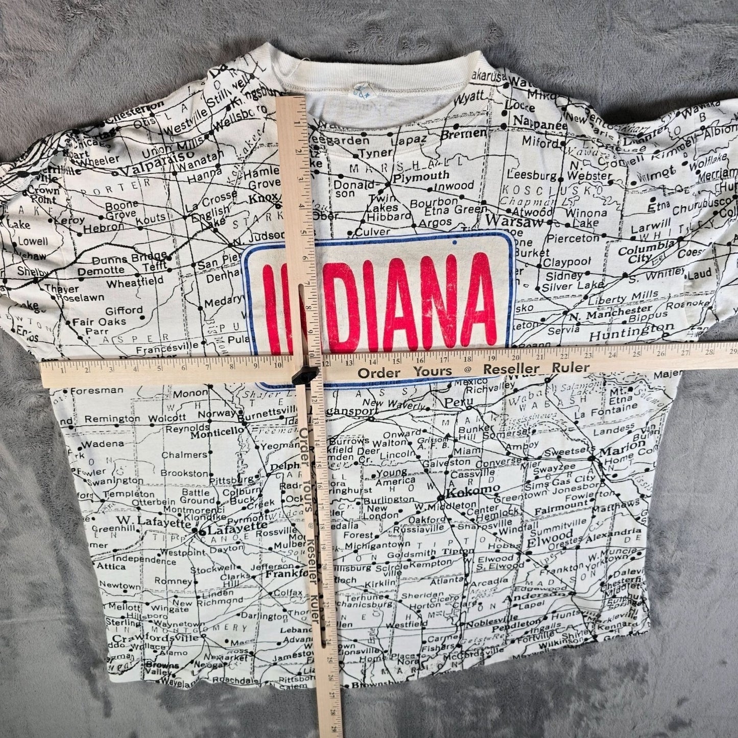 Vintage 1990s Indiana Hoosier Hospitality All Over Print Map T-Shirt (OSFA/3XL)