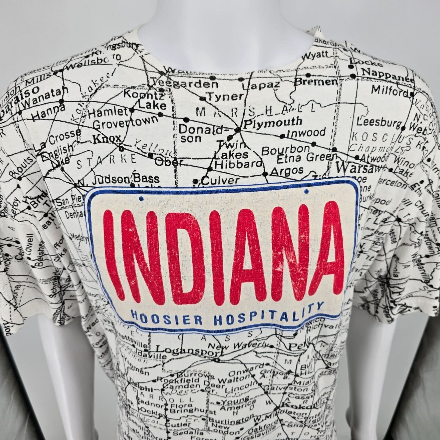 Vintage 1990s Indiana Hoosier Hospitality All Over Print Map T-Shirt (OSFA/3XL)