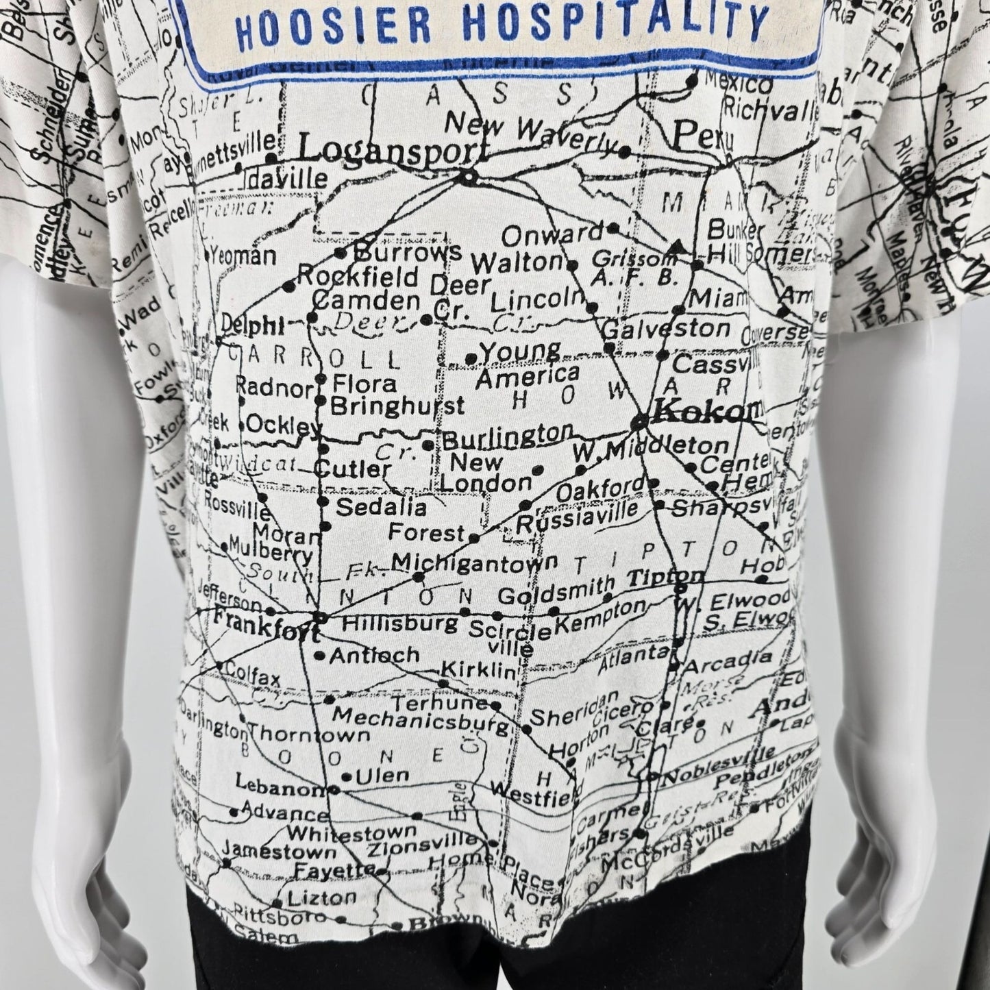 Vintage 1990s Indiana Hoosier Hospitality All Over Print Map T-Shirt (OSFA/3XL)